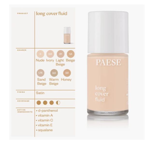 Paese Long Cover Fluid тональний крем вирівнюючий для сухої шкір 30ml 01 Light Beige 00024 фото